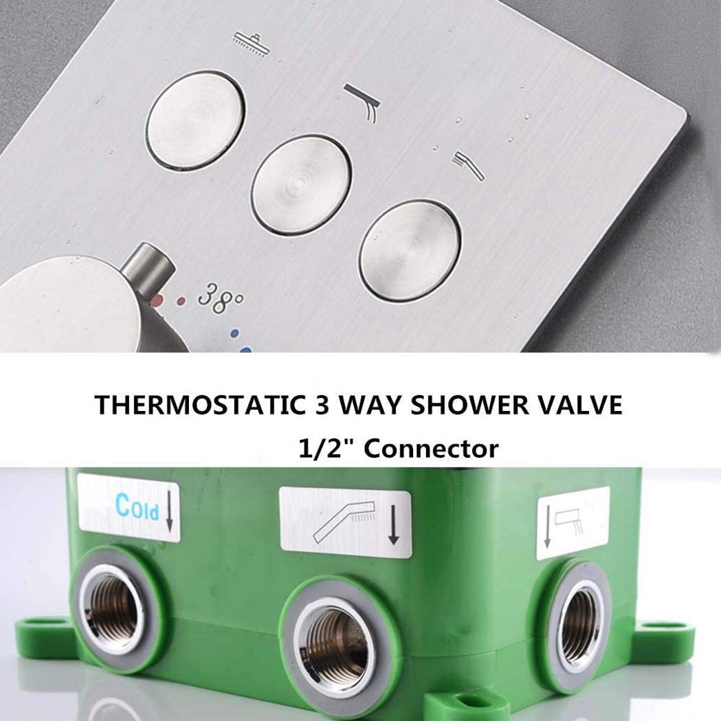 Mosiężny prostokątny termostatyczny system prysznicowy, 30 x 20 cm, efekt deszczu, z 4 dyszami do masażu i mieszaczem. Luksusowy zestaw prysznicowy do łazienki, wykończenie szczotkowanego