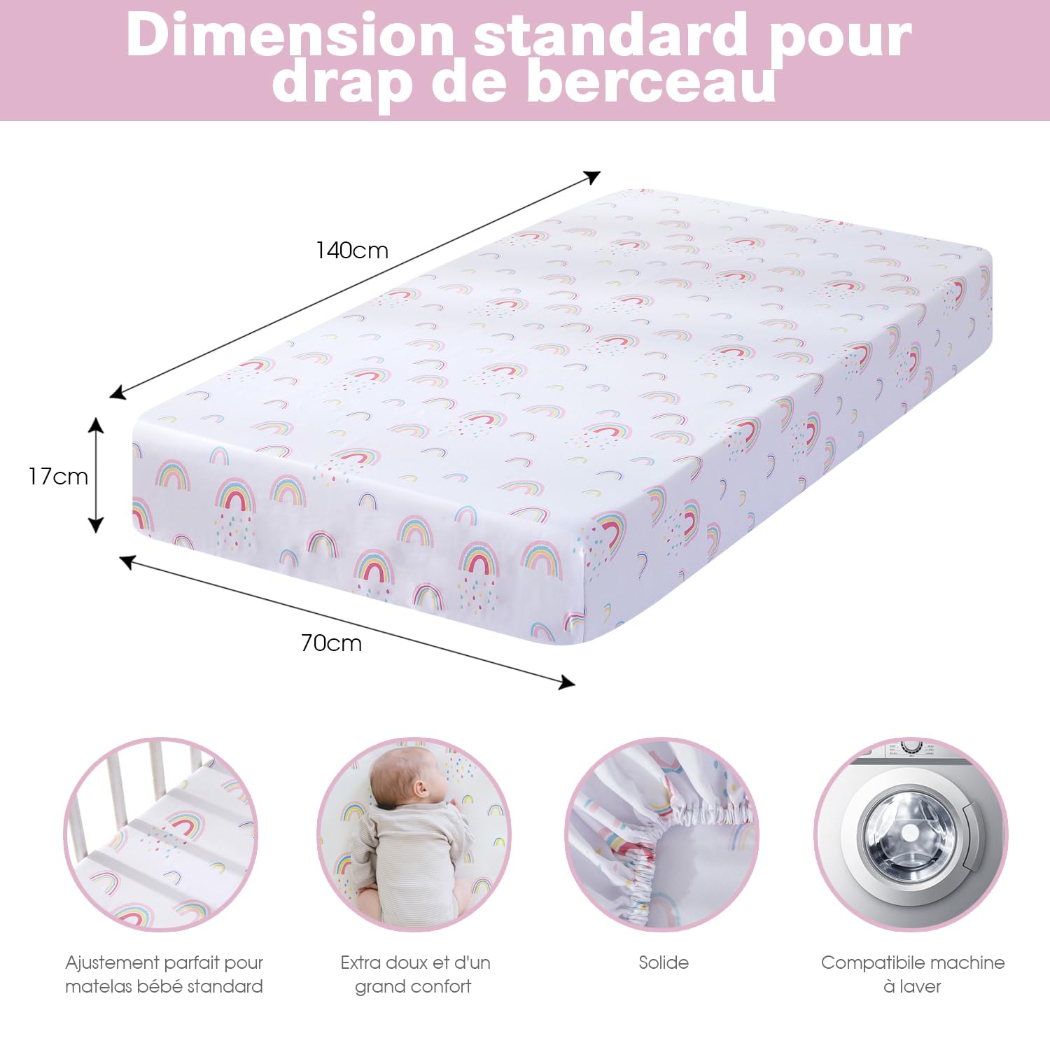 Little Grape Land Draps Housse Bébé 70x140 cm Lot de 4, Draps Housse Lit Bébé Doux et Respirants en Microfibre Polyester, Certifiés Oeko-TEX, Draps Universels pour Lit et Berceau, Arc-en-Ciel