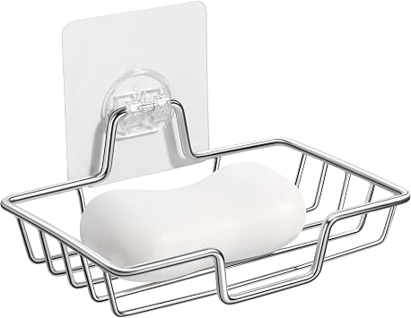 Rainspire Soap Dish Holder, No Drilling, 304 Rustproof Stainless Steel, Wall Mounted Soap Holder Soap Tray Bar Soap Sponge Holder for Bathroom & Kitchen, Square Silver