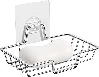 Rainspire Soap Dish Holder, No Drilling, 304 Rustproof Stainless Steel, Wall Mounted Soap Holder Soap Tray Bar Soap Sponge Holder for Bathroom & Kitchen, Square (Silver)