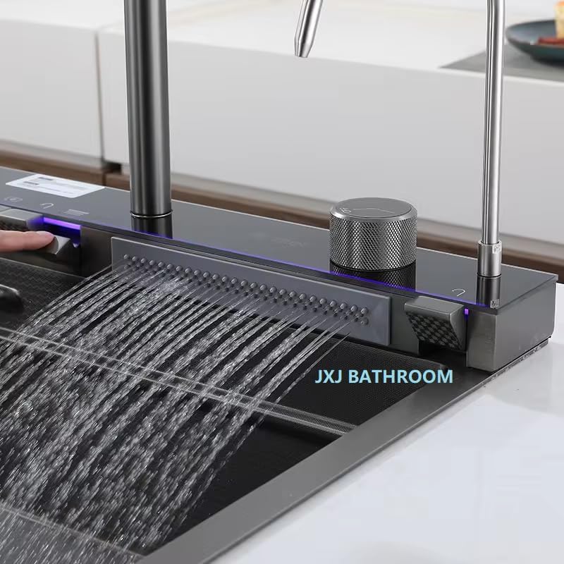 Close-up of the rain shower/jet feature on the sink deck, showing multiple streams of water.