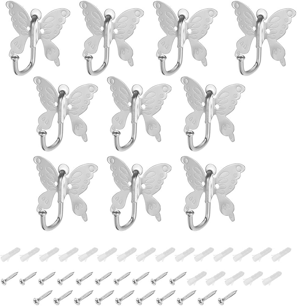 uxcell 10Pcs Wall Mounted Hook Robe Hooks Butterfly Style Single Clothes Hanger, Zinc Alloy, Silver