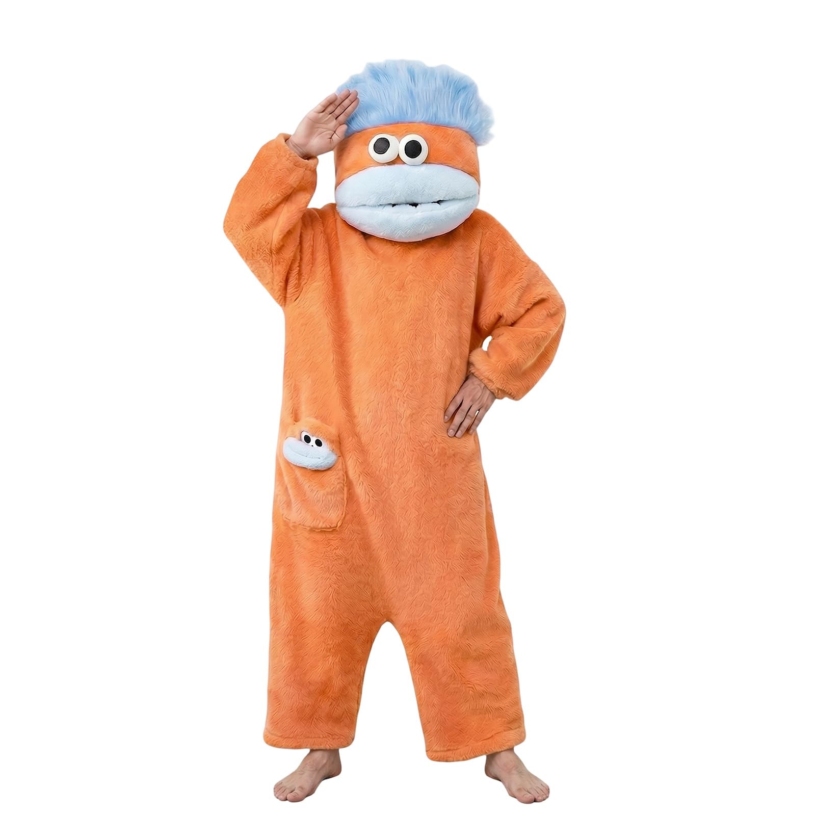 Ansamy Silly Onesie Funny Green Monster Onesie Pajamas for Adults, Fluffy Hooded Jumpsuit with Pockets, Wearable Blanket for Home Loungewear, Funny Big Mouth One Piece Loungewear Unisex (Orange, S)