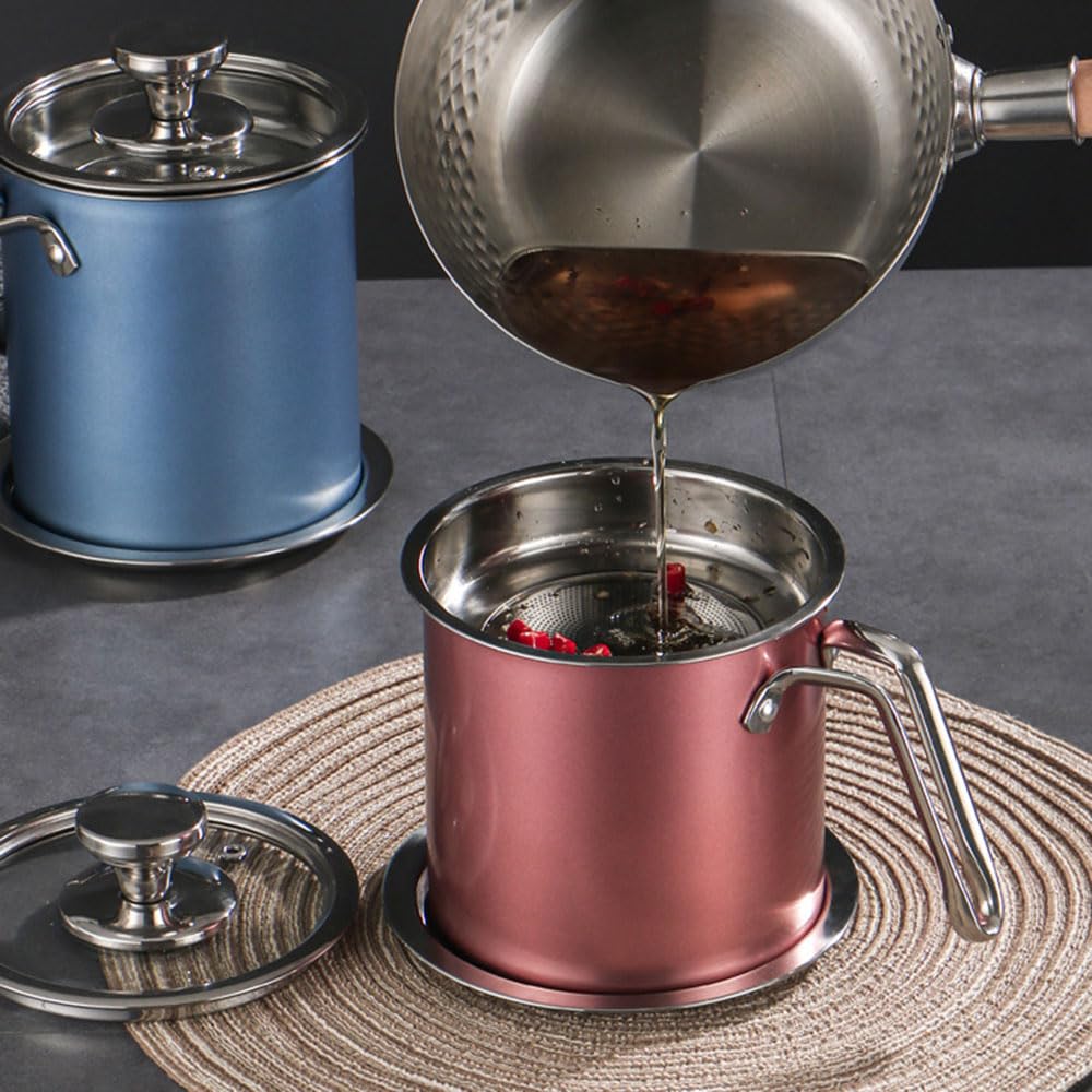 Contenitore per olio con colino e coperchio, 1,9 l, rosa, per conservare olio per friggere, manico facile da impugnare, filtro grasso da cucina