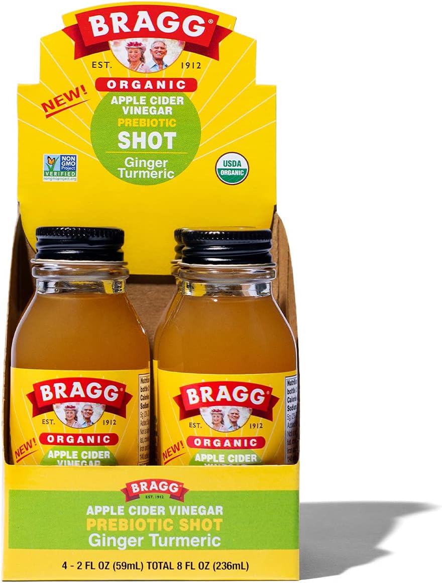 Bragg Organic Apple Cider Vinegar Shot โ 2 Oz ACV Shot โ USDA Certified Organic (Ginger Turmeric, 2 Fl Oz (Pack of 4))