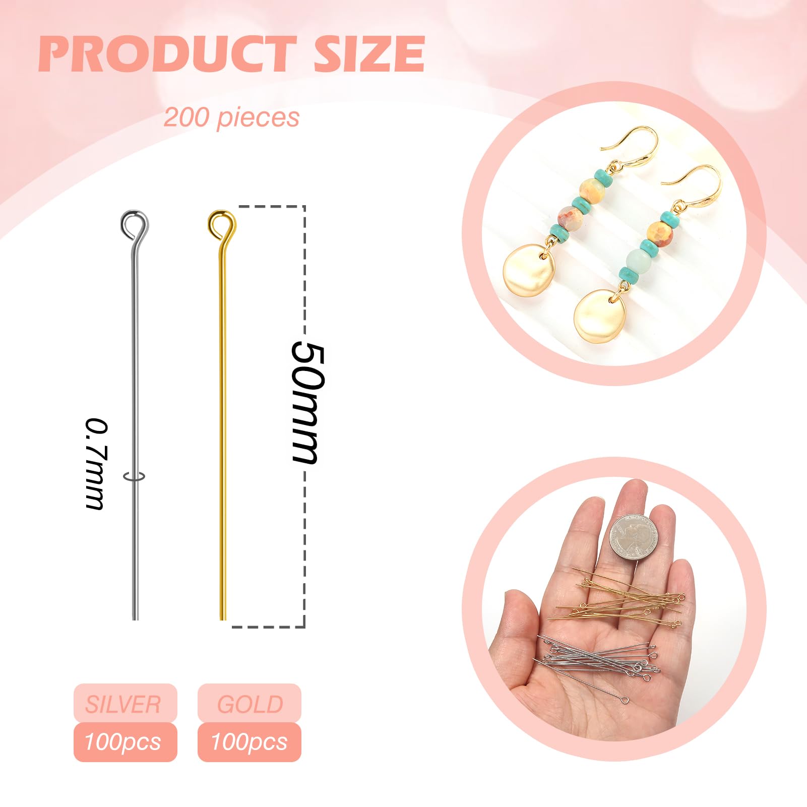 TOAOB 200pcs Eye Pins Needles Studs Round Head Stainless Steel Silver Gold 50 mm for Earring Accessory Jewellery Making Crafts - Image 2