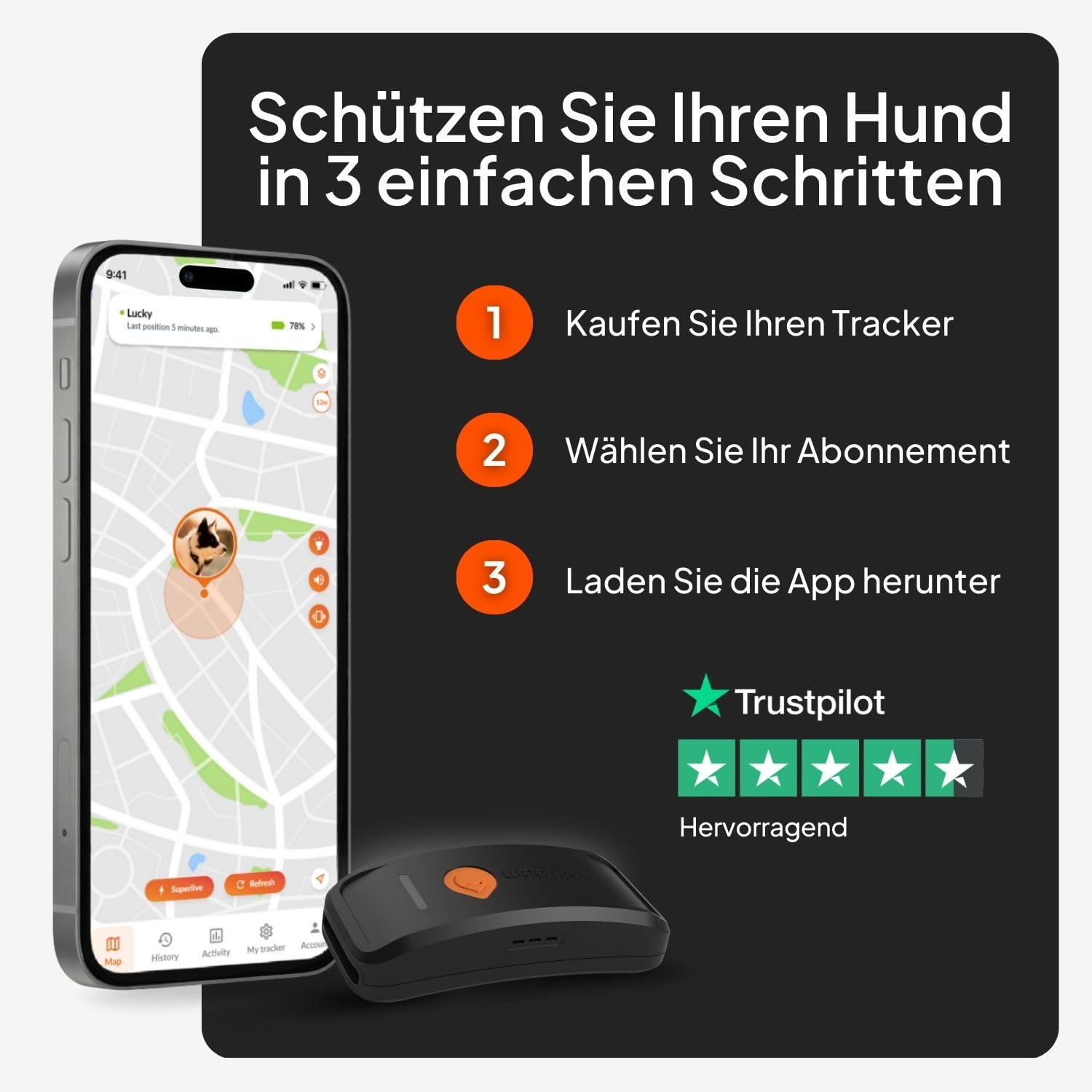 Weenect Hund XT - GPS-Tracker für Hunde Ohne Halsband | Wasserdicht | XL-Antenne | Unbegrenzte Reichweite Abonnement Erforderlich