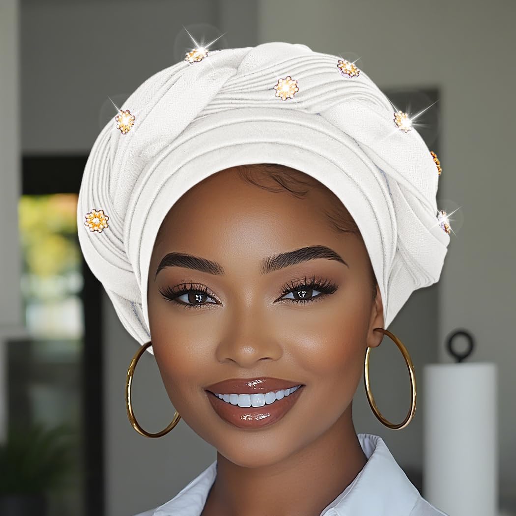 Woeoe Women African Turban Pre-Tied Twisted Beanie Cap Headwear Rhinestone Soft Stretchy Head Turbans - Image 3