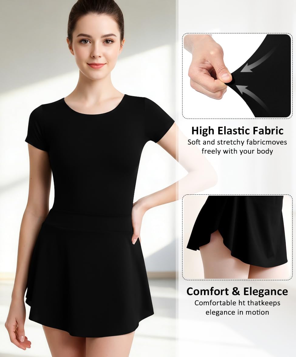 WYHDY Women Ballet leotard with Pull on Skirt,Round Neck Short Sleeve
