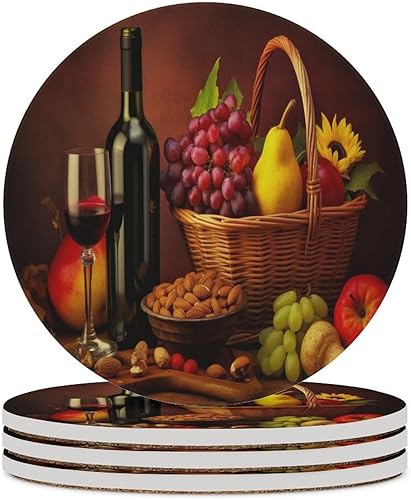 Miniatura 18 de Round-4 posavasos de cerámica para vino tinto, posavasos redondos absorbentes para bebidas, estilo vintage de madera, vino tinto, uvas, frutas y