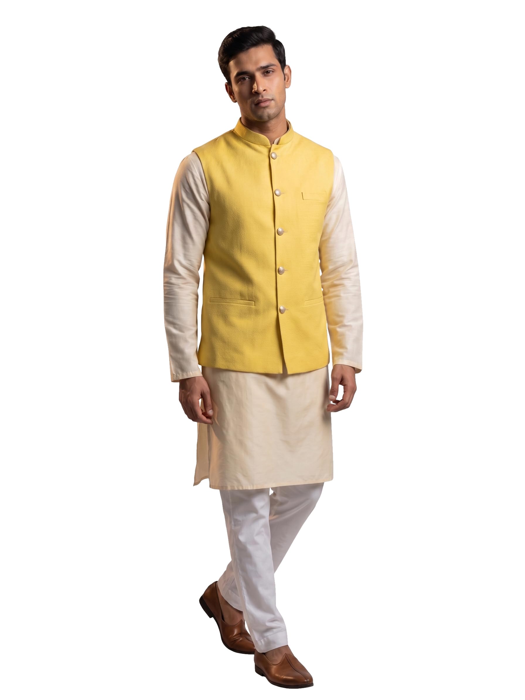 Men's Yellow Nehru Jacket with Mandarin Collar-picture-26