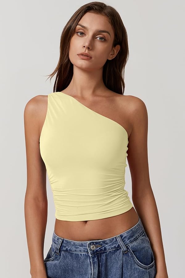 QINSEN Off the Shoulder Tops for Women One Shoulder Double Lined Sleeveless Slim Fit Cropped Tee Shirt Light Yellow M by QINSEN - Used condition - Image 5