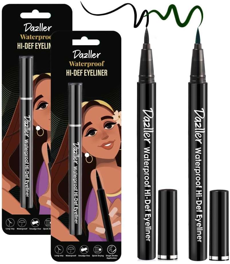 DAZLLER Hi-Def Eyeliner Duo|Velvet Matte|Water-Resistant|Smudge-Proof|Long Stay|Single Stroke|Precise Application|Black+Green|2.2G,Pencil