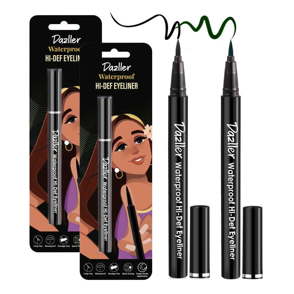 DAZLLER Hi-Def Eyeliner Duo|Velvet Matte|Water-Resistant|Smudge-Proof|Long Stay|Single Stroke|Precise Application|Black+Green|2.2G,Pencil