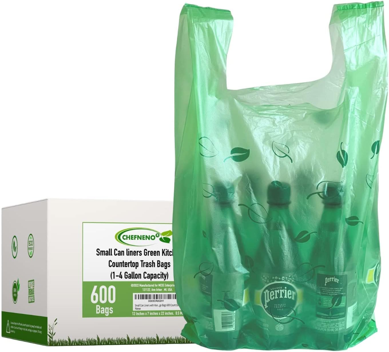 Small Easy-Tie Handle Can Liner(600 Bags) Green Grocery T-shirt Bag Size Multipurpose Diaper Bag Cat Litter Clump & Poop Bag Dog Waste…