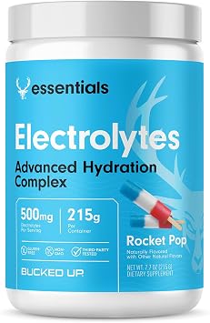 Bucked Up Essentials Electrolytes Rocket Pop | Advanced Hydration Complex with 500 mg Electrolytes Per Serving | Gluten Free Non GMO Third Party Tested Drink Mix | 230g 50 Servings