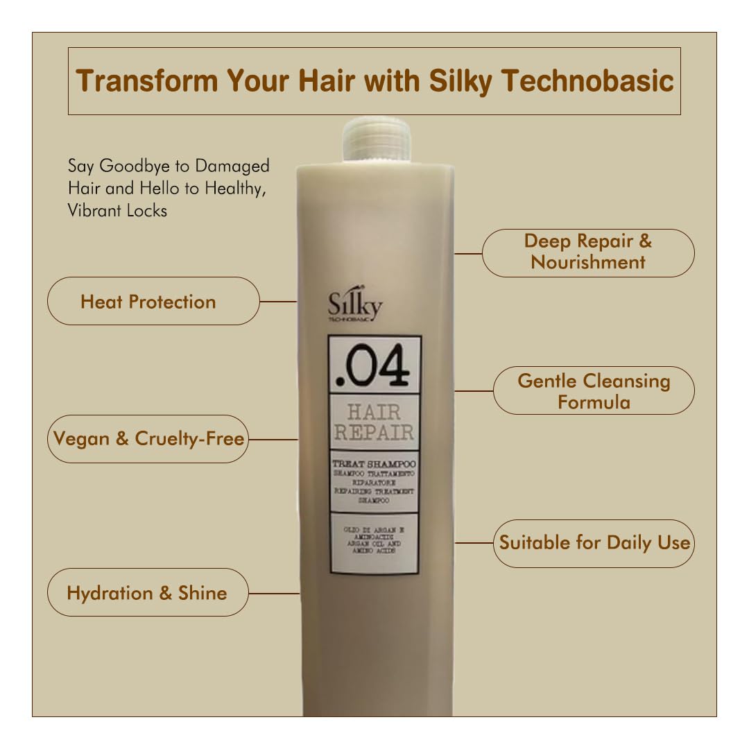 Silky TECHNOBASIC.04 Hair Repair Treat Shampoo 1000ml - Hair Repair Shampoo with Argon Oil - Cruelty Free Shampoo for Chemically Damaged Hair - Vegan Friendly Sulfate Free Shampoo - Image 3