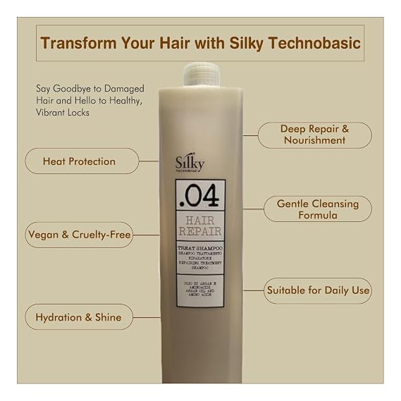 Silky TECHNOBASIC.04 Hair Repair Treat Shampoo 1000ml - Hair Repair Shampoo with Argon Oil - Cruelty Free Shampoo for Chemically Damaged Hair - Vegan Friendly Sulfate Free Shampoo