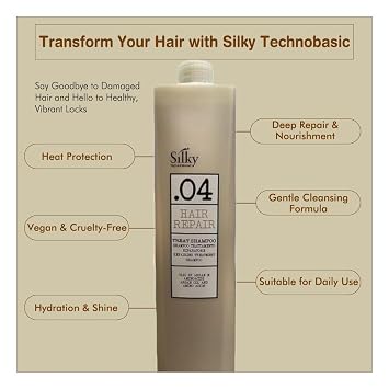 Silky TECHNOBASIC.04 Hair Repair Treat Shampoo 1000ml - Hair Repair Shampoo with Argon Oil - Cruelty Free Shampoo for Chemically Damaged Hair - Vegan Friendly Sulfate Free Shampoo