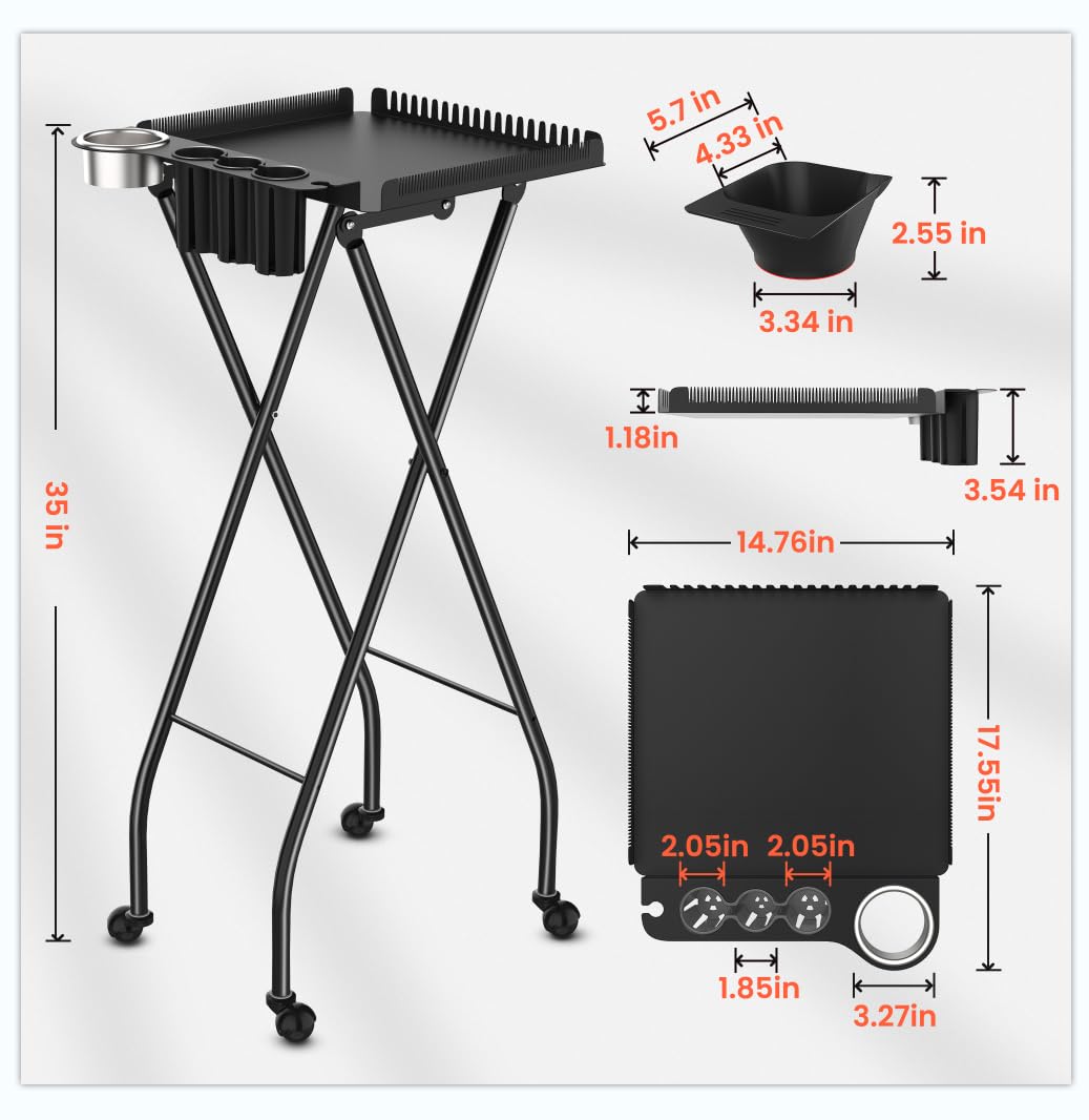 TASALON Professional Hair Styling Station Cart, Metal Rolling Hair Stylist Cart with 2 Magnetic Hair Color Bowls, Salon Trolley with Tool Holder and Hair Extension Stand for Hair Salon Stations