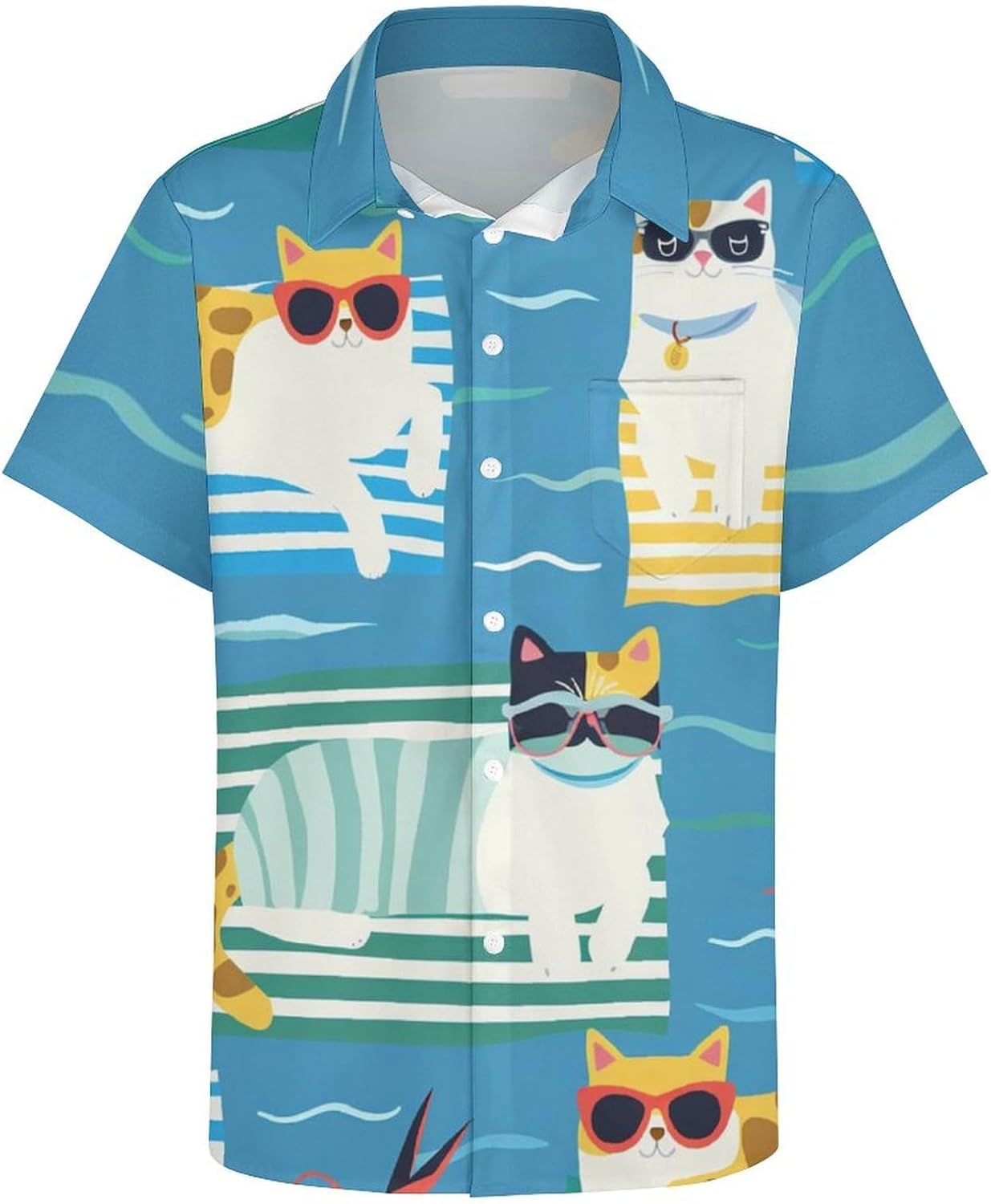 Cute Cat Mens Hawaiian Shirts Funny Cat Print Short Sleeve Aloha Beach Shirt Summer Button Down Shirt