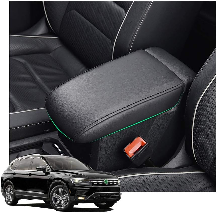 YEE PIN Car Center Armrest Cover Saver Console Lid Cover Fit for VW Tiguan MK2 2018 2019 Central Console Armrest Box Scratch Resistance (Black Leather Black Line)