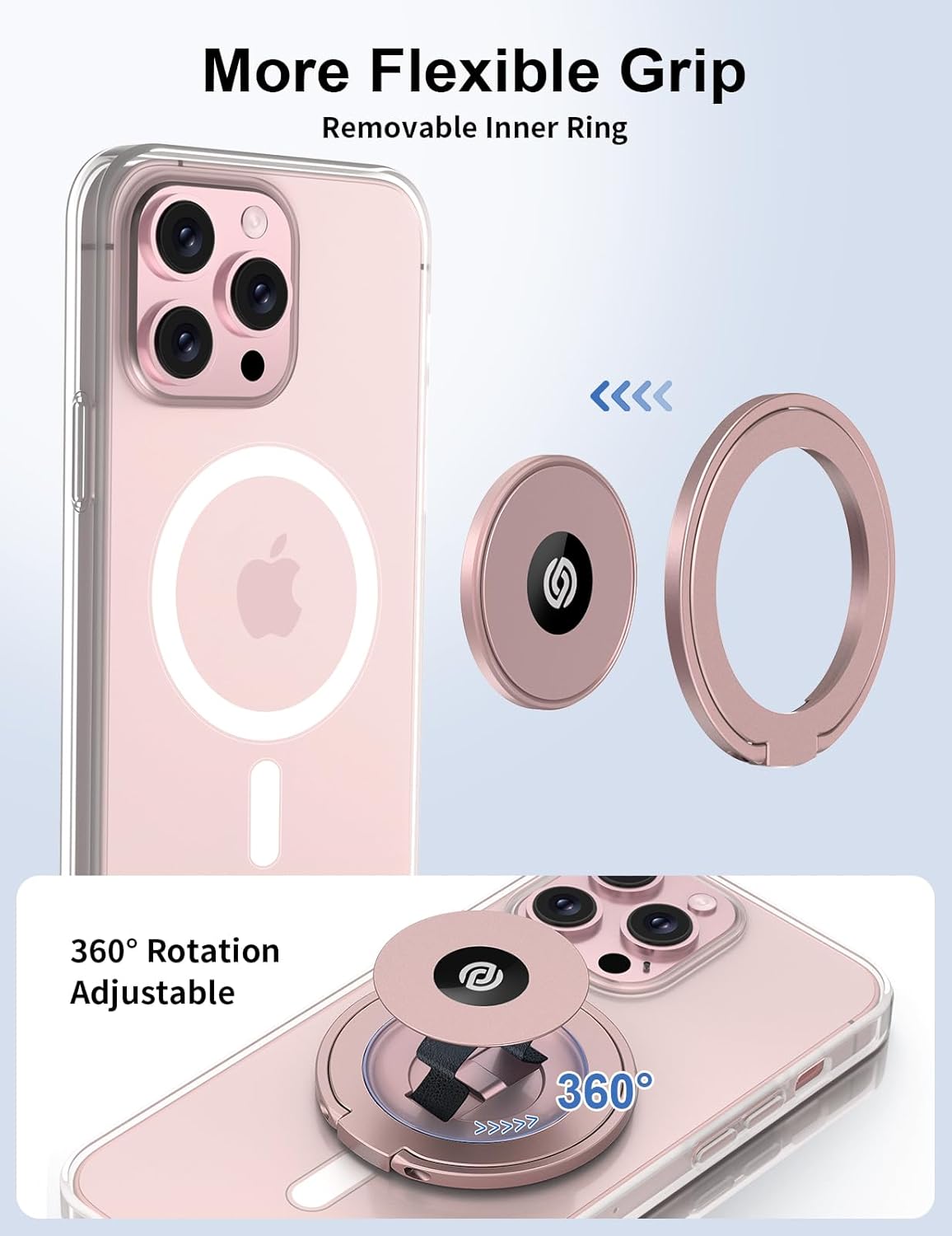 EWA MagOne Ultra (Plate Edition) Phone Grip Stand with Leather Finger Strap, Removable Magnetic Ring Holder Kickstand Loop, Double-Sided Magnetic Accessories for Phone-Rosegold