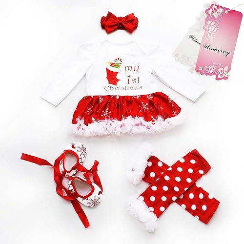 Vista 2 de Winmany Mameluco de Navidad para niñas recién nacidas, vestido tutú con diadema, zapatos calentadores de piernas