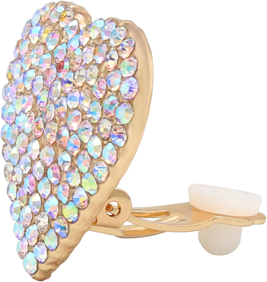 Heart Love AB Crystal Pave Clip On Earrings for Women - PeriFairy Rhinestone Colorful Earrings Non Pierced Jewelry