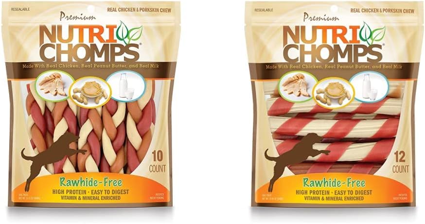 Nutri Chomps Dog Chews, 6-inch Braids & Chews – 6-inch Twists, Easy to Digest, Rawhide-Free Dog Treats, Healthy, 12 Count, Real Chicken, Peanut Butter and Milk Flavors