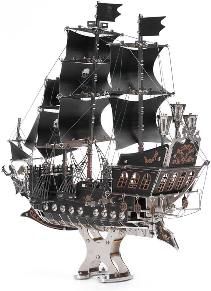 3D Metal Puzzle Sailing Ship Model, Steampunk Mechanical Black Pirate Ship 3D Metal Jigsaw Puzzles Assembly Kits, Desktop Art Display Collectible for Adults and Teens (300+ PCS)