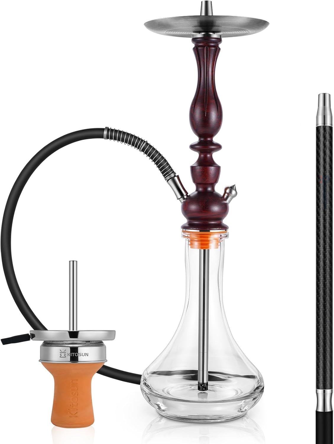 Kitosun Gourda Hookah Luxury Shisha Set - Complete Set with Everything include Wood Middle Stem 304 Down Stem with Diffuser Carbon Fiber Mouthpiece Silicone Hose Clay Bowl Charcoal Holder (Coffee)