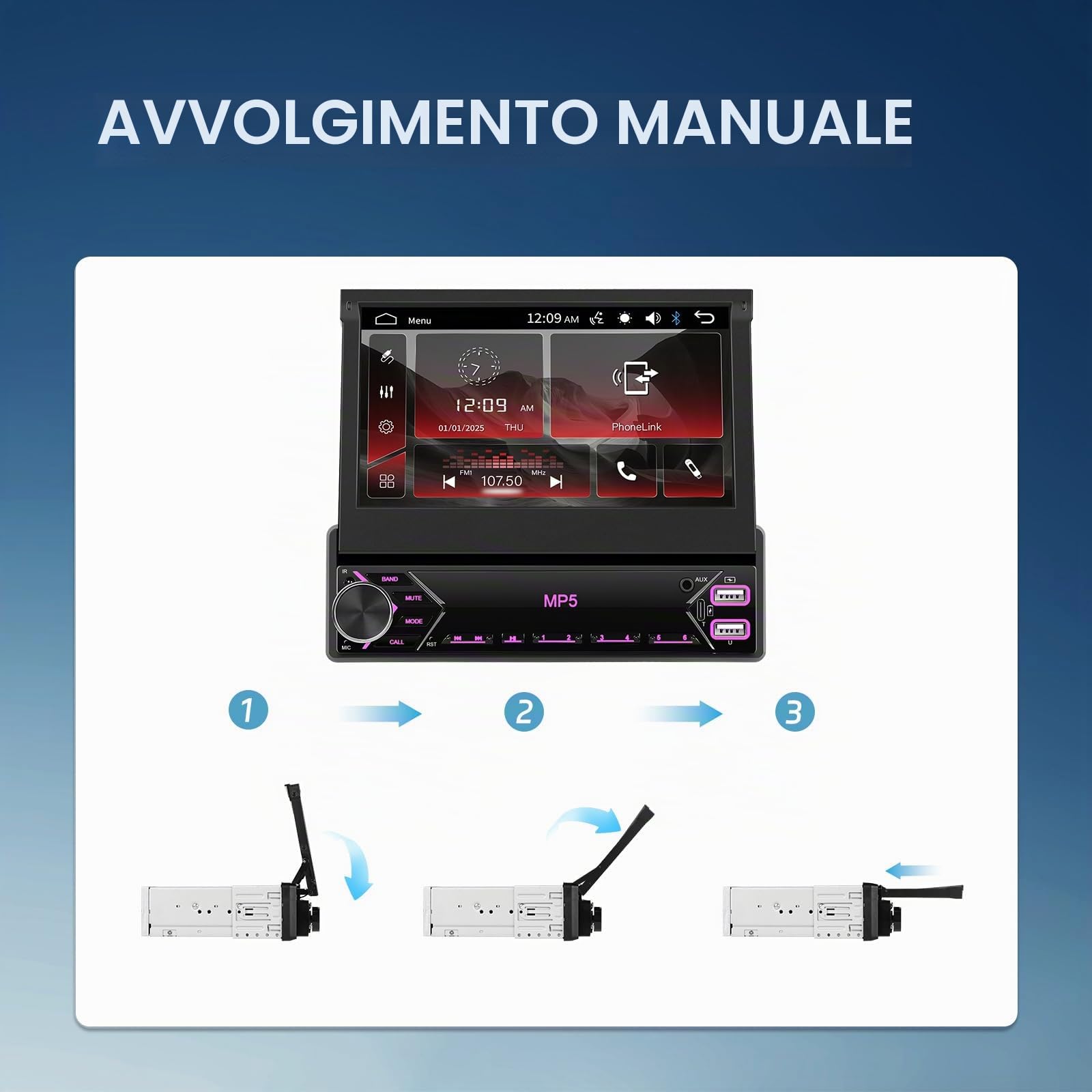 Autoradio 1 Din con Schermo Manuale Retrattile 7 Pollici Touch Bluetooth Mirror Link Cablato per iOS/Android - Controllo Volante, FM Radio e USB Type-C per Veicoli Standard