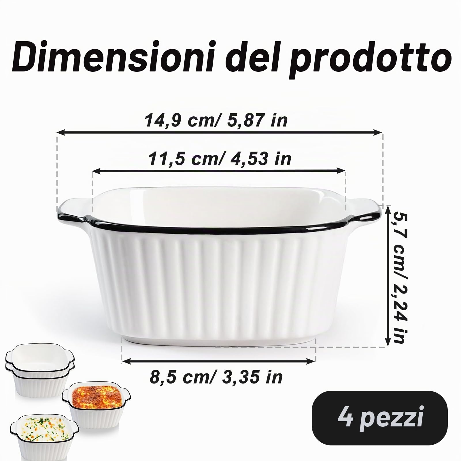 Teglia da forno in ceramica, 400 ml, set da 4 pezzi, piccole pirofile, con manici, 14,9 x 11,5 x 5,7 cm, piccola teglia in ceramica, per forno, microonde