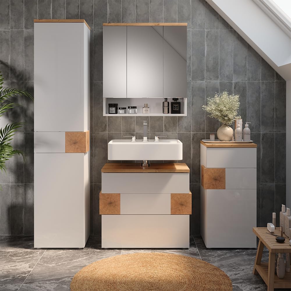 Vicco Waschbeckenunterschrank Eden, Weiß Hochglanz, 70 x 64.5 cm mit 2 Schubladen, zur Wandmontage mit Variabler Innenaufteilung