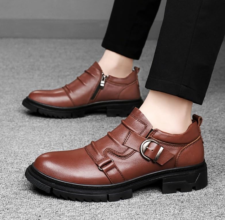 Men's Classic Brogue Oxfords Shoes Mens Round Toe Non Slip Leather Dress Shoes Fashion Breathable Slip-On Tuxedo Shoes(Brown,6.5)2