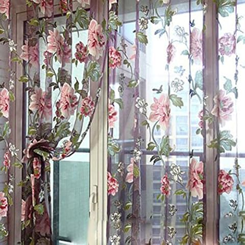 RENZE Window and Tulle Curtain for Window Floral Pattern Door, Drapery Transparent Durable Screen with Vintage Red Flower and Purple Background Perfect Home Decoration Living Room Bedroom Dining Room Cover