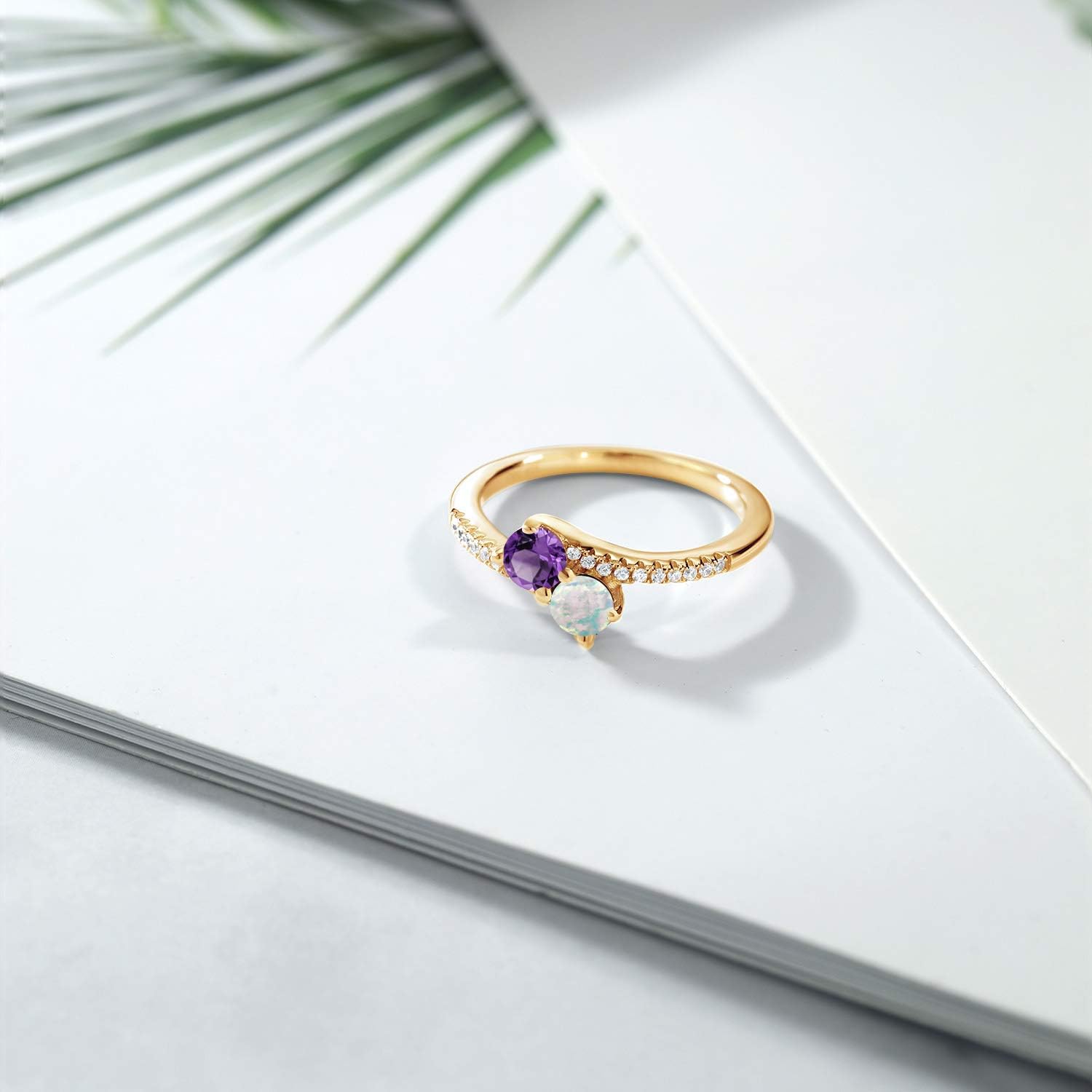 Gem Stone King 18K Yellow Gold Plated Silver Purple Amethyst and White Opal Bypass Ring For Women | 0.74 Cttw | Gemstone Birthstone | Round 4MM | Wedding Engagement Anniversary Promise Ring