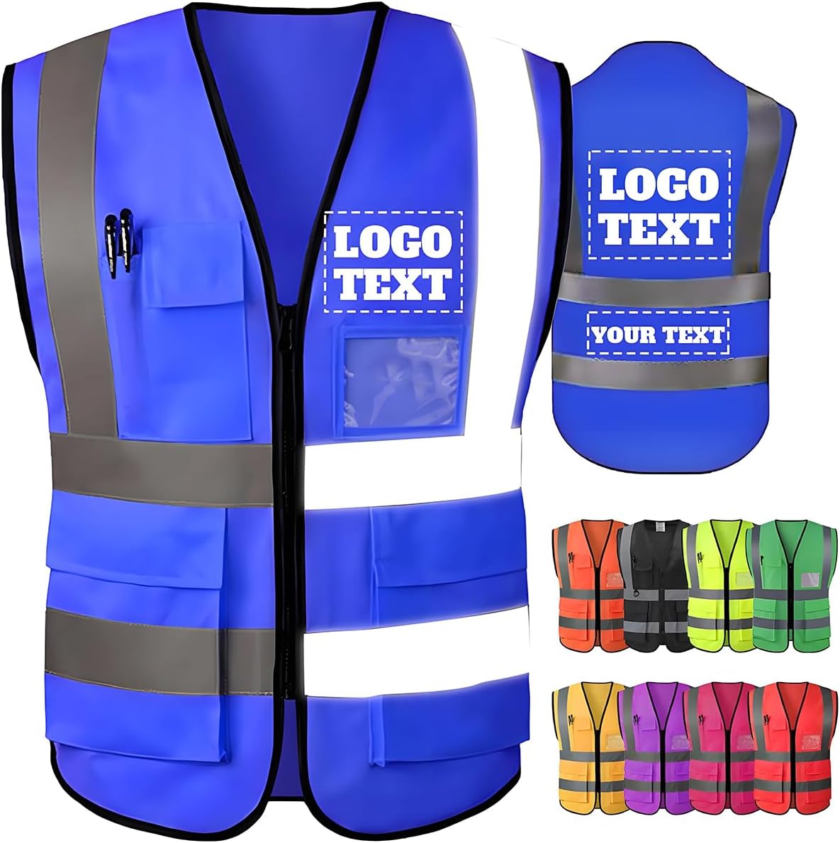 Custom Safety Vest 2 High Visibility Reflective with Pockets Zipper Personalized Logo for Men Unisex Construction Workwear