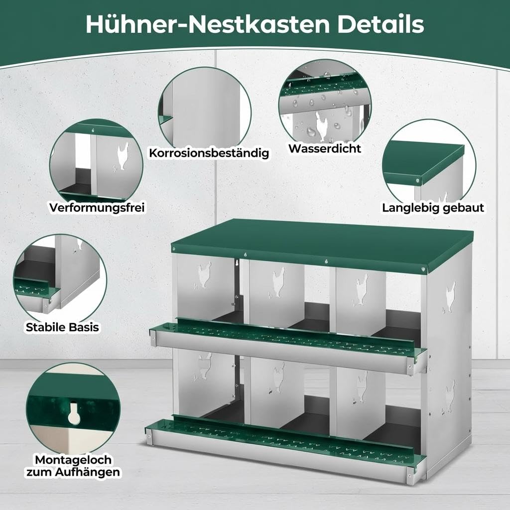 Hühner Legenest 6 Fächer Metall, Abrollnest mit Eierablage, Grün, Stabil | Leicht zu reinigen, Wandhalterung, Montageleicht, Hühnerstall, Geflügel, Hygiene, Robust, Zeitsparend, Nestbox