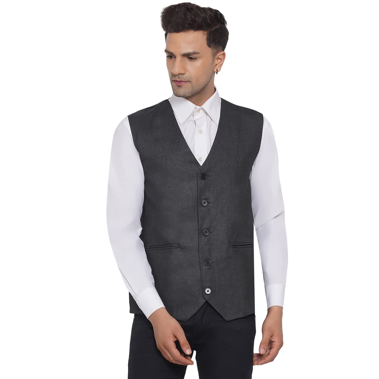 ghanshee Men's Slub Plaind Waistcoat (Grey)-picture-32