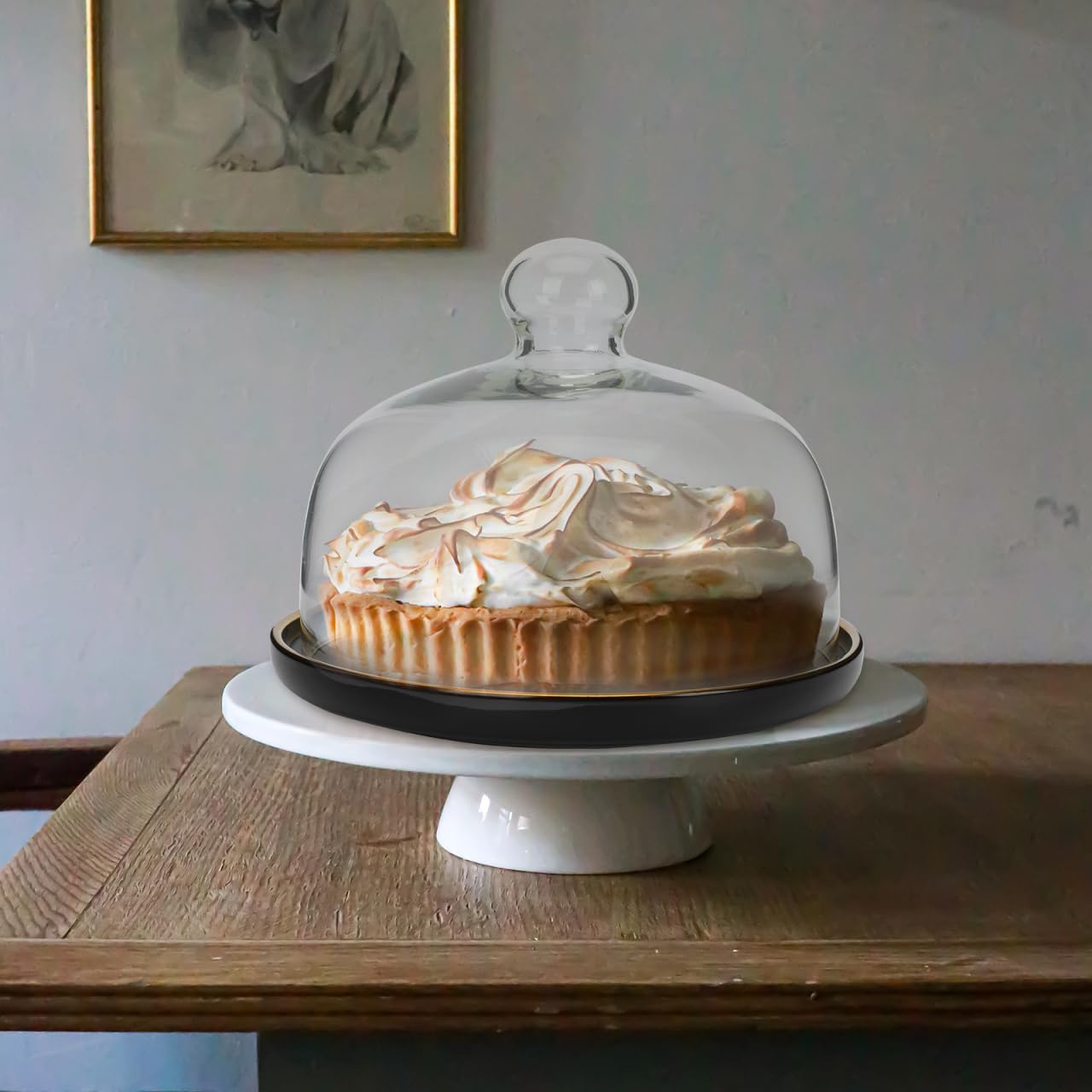 Cabilock Mini cloche à gâteau en verre - Cloche à fromage - Avec assiettes en céramique - Rose - Cloche en verre - Pour invités de mariage, gâteaux, repas et desserts