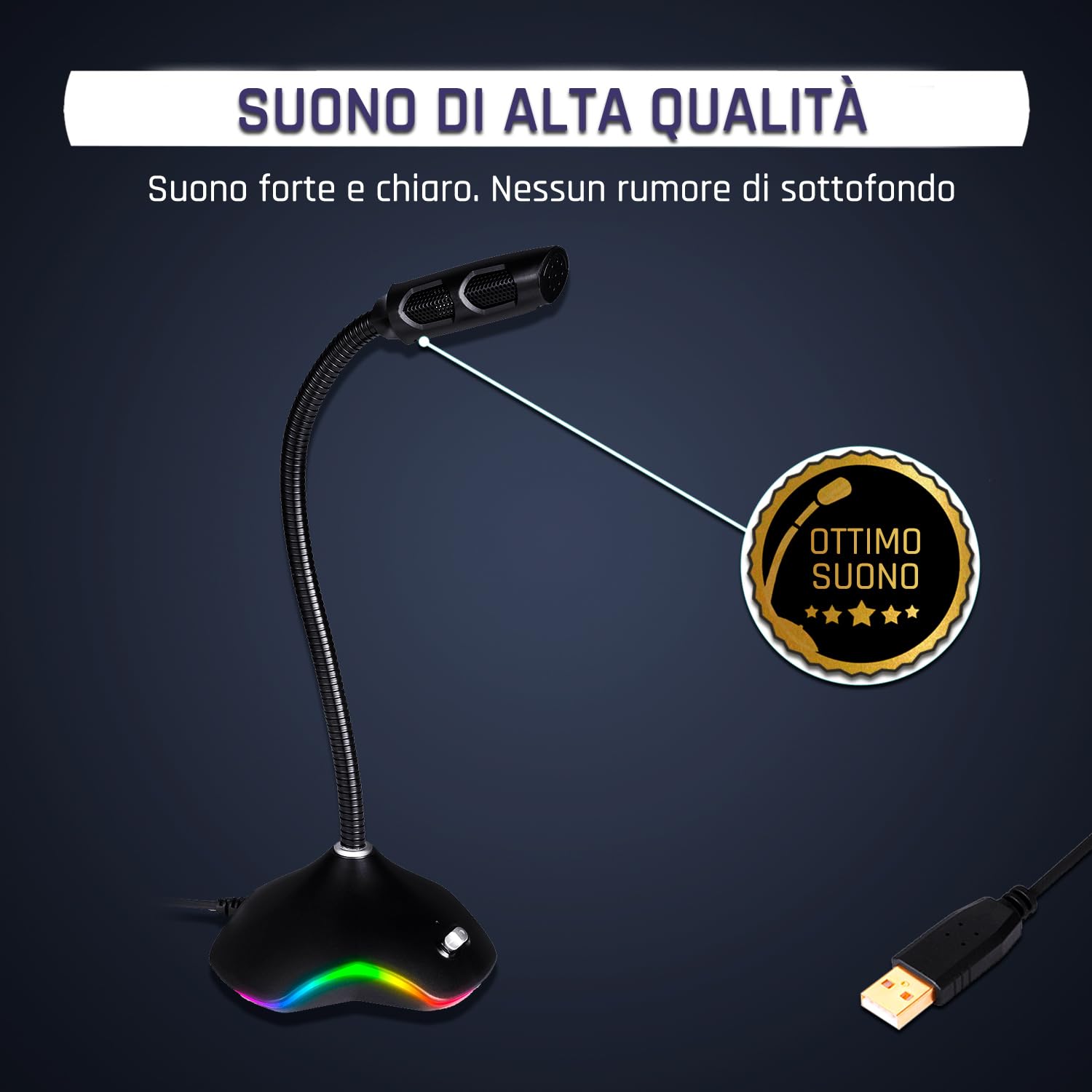 KLIM Rhapsody Microfono PC RGB - Microfono USB per PC - Migliore Qualità del Suono - Registrazione Vocale, Riconoscimento Vocale, Streaming, YouTube, Podcast - Microfono Gaming Windows Mac PS4 PS5