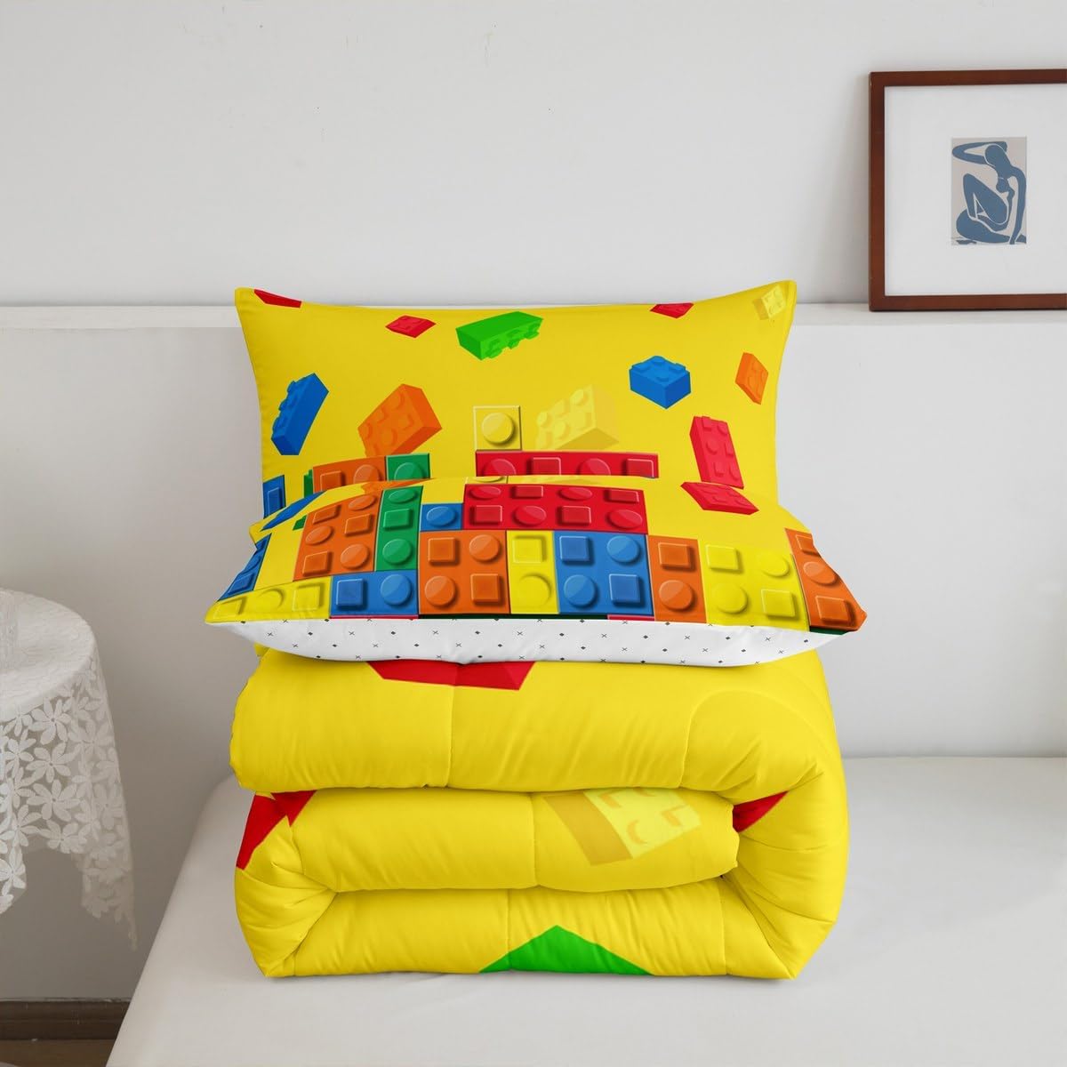 Feelyou Building Block Print Comforter Set Queen Size Kids Brick Styles Comforter for Boys Teens Colorful Bedding Set Breathable Gaming Yellow Duvet Set Room Decor Quilt Set