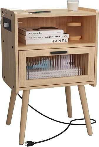 Miniatura 75 de Mesita de noche moderna de mediados de siglo con estación de carga, mesitas de noche con puerta de cristal, mesa auxiliar con espacio de Gris