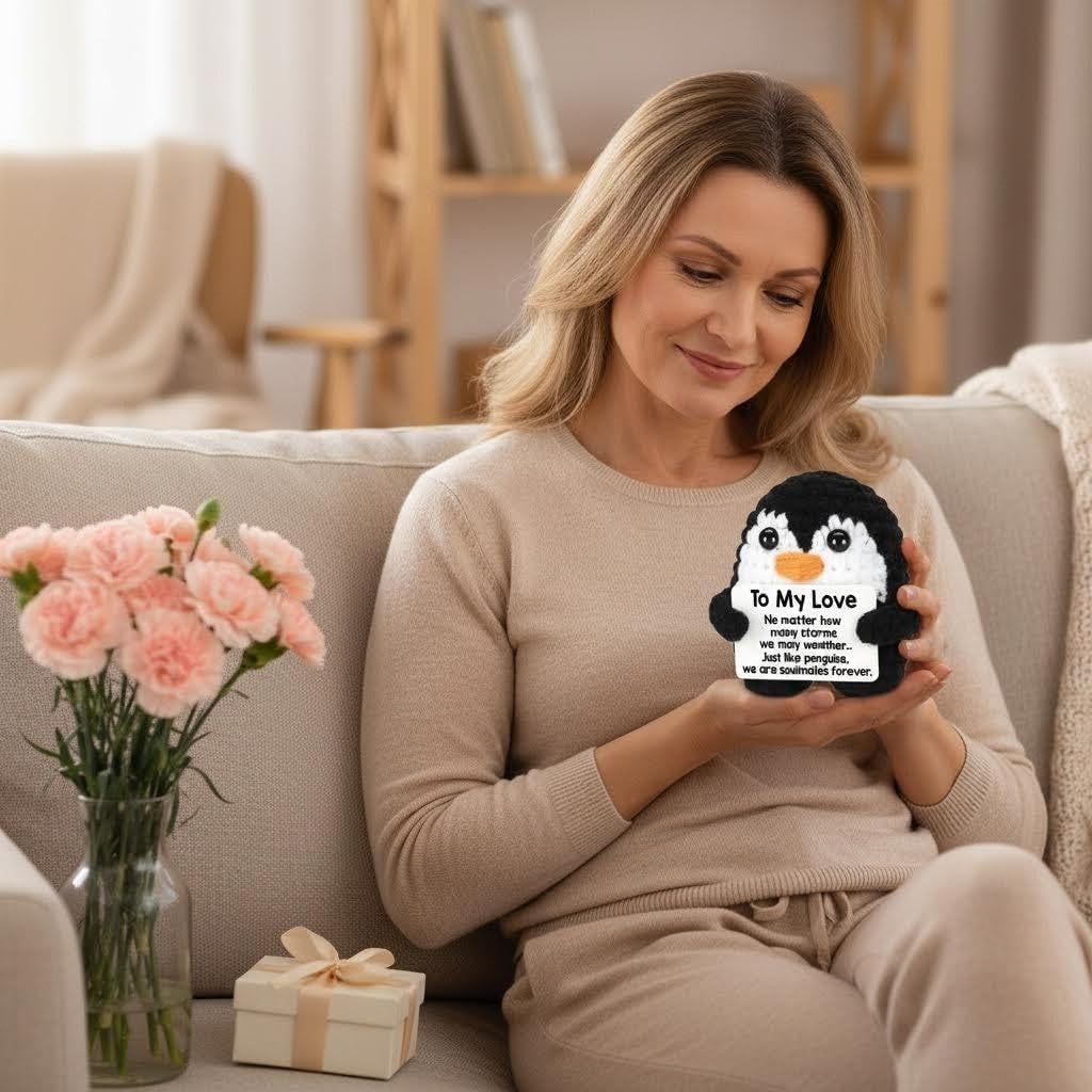 GODSDWARES Handmade Crochet Toys, Penguin Soft Toy, Gifts for Mom, Gift for Mother, Gift for Mom, Handmade Crochet Penguin with Heartfelt Card, Great for Gifts for Mum Birthday for Mum(7 * 9cm)