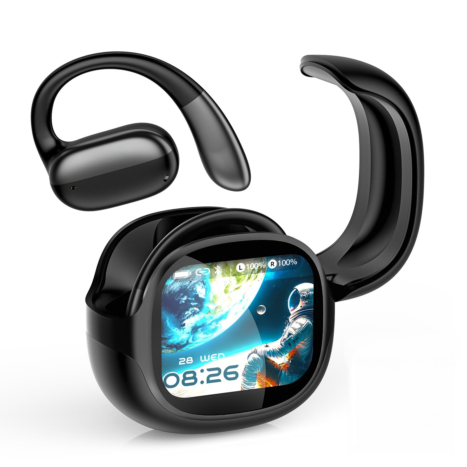 NE58 Open Ear Übersetzer Kopfhörer Echtzeit, 134 Sprachen Sprachübersetzer Kabellos mit Ohrhaken, Bluetooth 6.0 Open-Ear Kopfhörer, LED Touchscreen Case, Noise Cancelling ，Schwarz