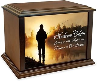 Mainely Urns Personalized Fisherman at Dawn Eternal Reflections Wood Cremation Urn for Ashes - Customizable Urn - Large Size Urn - for a Person up to 225 Pounds