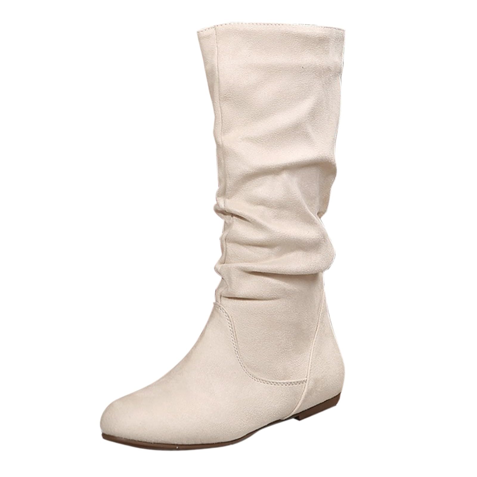 Bottes Mi-mollet Femmes En Daim Synthétique - Tiges Larges, Fermeture éclair Latérale, Semelle Plate