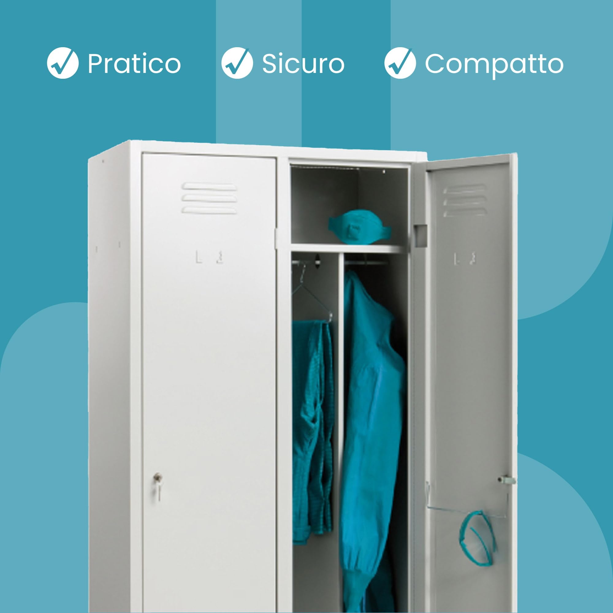 XLOCKERS Armadio Spogliatoio Monoblocco 2 Posti in Metallo - Armadio Robusto Made In Italy con Divisorio Sporco/Pulito - Grigio RAL 7035-69x50x180cm
